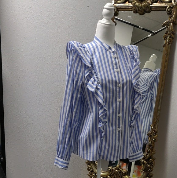 Ruffled strip long sleeve button down top - Picture 6 of 8